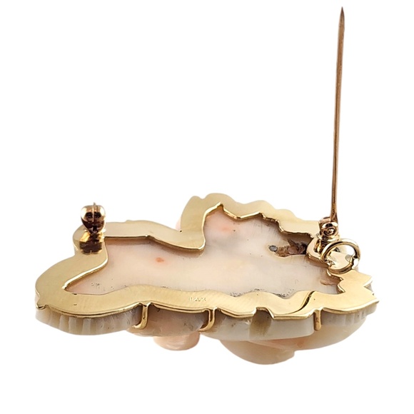 14 Karat Yellow Gold Carved Pink Coral Rose Brooch Pendant #19040 - Picture 7 of 11